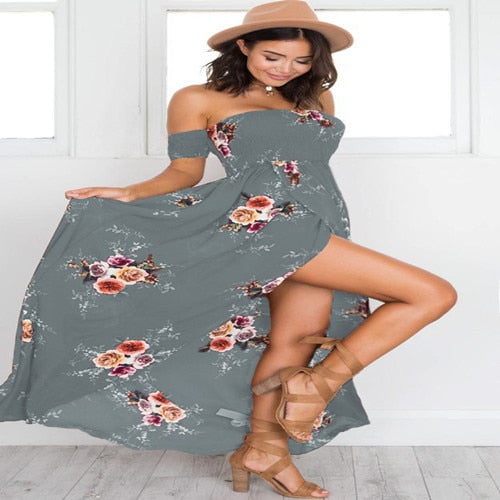 Lossky 2018 New Women Sexy Side Split Summer Dress Off Shoulder Vintage