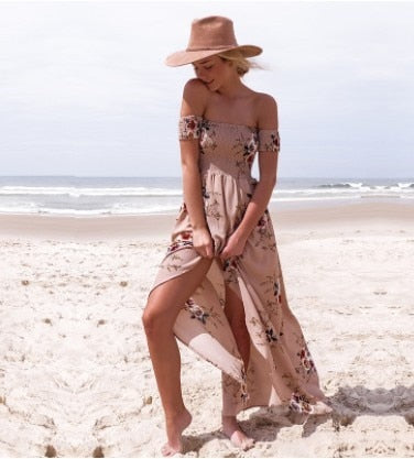 Lossky 2018 New Women Sexy Side Split Summer Dress Off Shoulder Vintage
