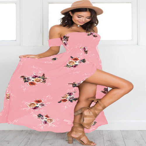 Lossky 2018 New Women Sexy Side Split Summer Dress Off Shoulder Vintage