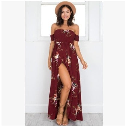 Lossky 2018 New Women Sexy Side Split Summer Dress Off Shoulder Vintage