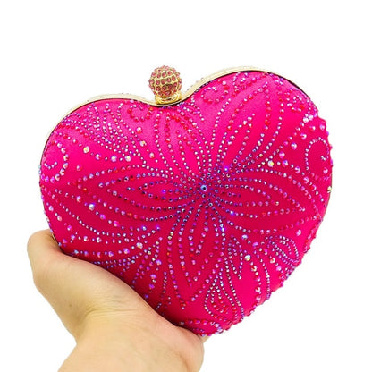 Boutique De FGG Silver Crystal Flower Women Heart Evening Clutch Bags Hardcase Metal Clutches Wedding Party