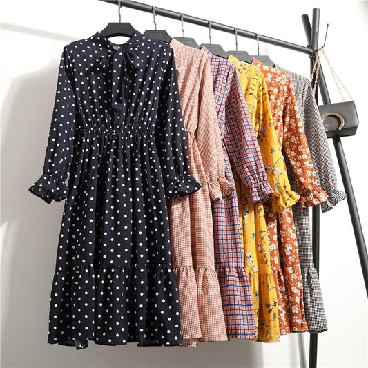 NIJIUDING Summer Autumn Chiffon Print Dress Casual Cute Women floral Long