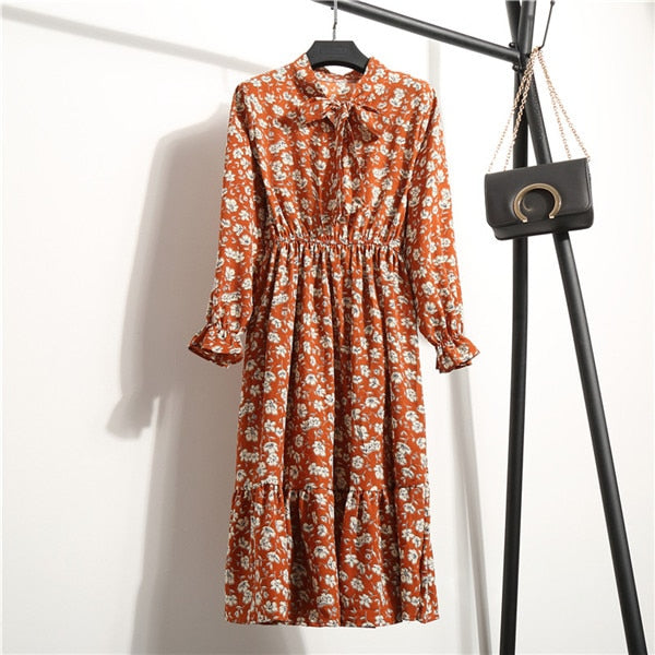 NIJIUDING Summer Autumn Chiffon Print Dress Casual Cute Women floral Long