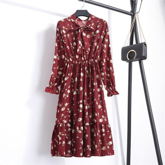 NIJIUDING Summer Autumn Chiffon Print Dress Casual Cute Women floral Long