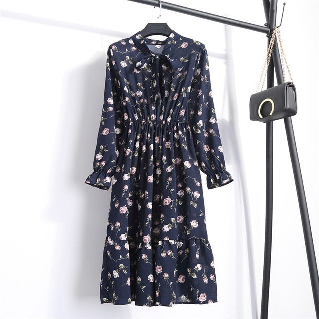 NIJIUDING Summer Autumn Chiffon Print Dress Casual Cute Women floral Long