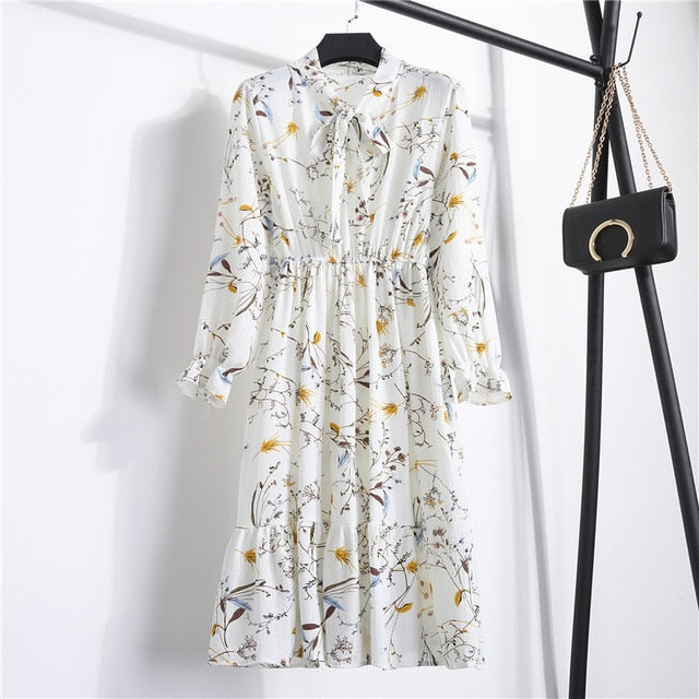 NIJIUDING Summer Autumn Chiffon Print Dress Casual Cute Women floral Long