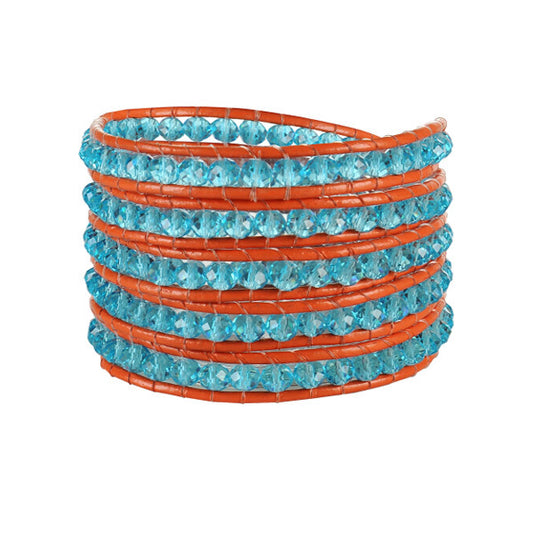 Crystal Blue Beads on Red Leather Wrap Bracelet