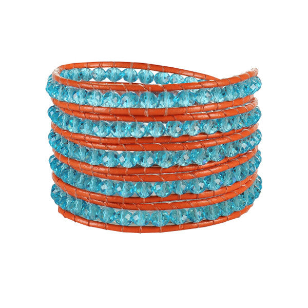 Crystal Blue Beads on Red Leather Wrap Bracelet