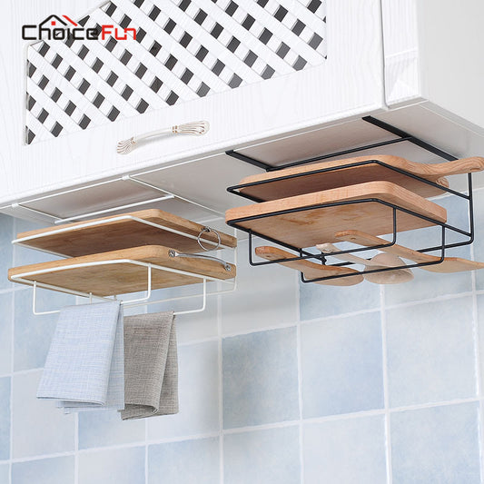 CHOICE FUN Metal Over Door Hanging Dishcloth Cutting Board Rack Organizer Black Kitchen Cutting Board Holder For Cabinet Door