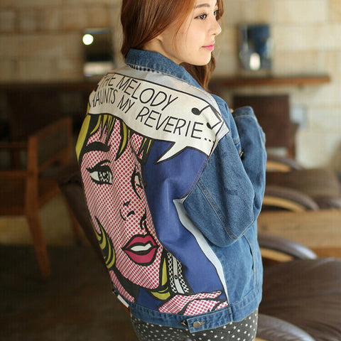 New arrival women's colored beauty print denim jacket Lady's casual loose coat Female