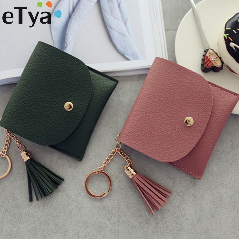 eTya Fashion Women Wallet Short Leather Mini Wallets Female Casual ID Card Holders Bags Ladies Coin Purse Pink Clutch Tassel Bag