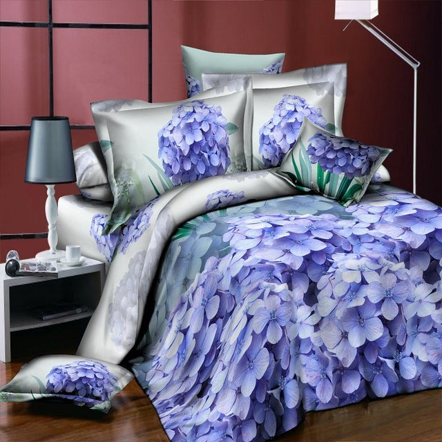 Home Textile Bedding Set 3D flowers Roses lilacs Pastoral style 4pcs Duvet Cover Sets Soft Polyester Bed Linen Flat Bed Sheet