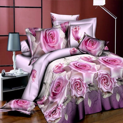 Home Textile Bedding Set 3D flowers Roses lilacs Pastoral style 4pcs Duvet Cover Sets Soft Polyester Bed Linen Flat Bed Sheet