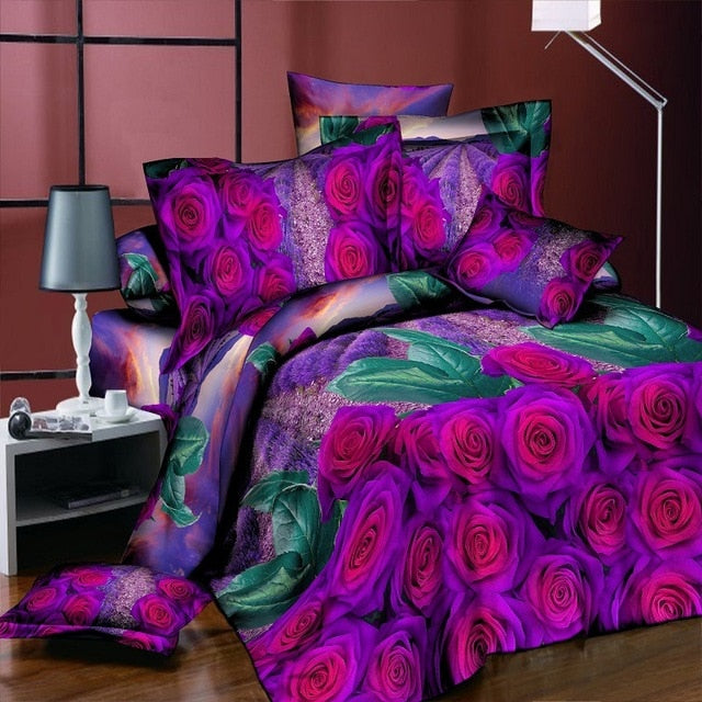 Home Textile Bedding Set 3D flowers Roses lilacs Pastoral style 4pcs Duvet Cover Sets Soft Polyester Bed Linen Flat Bed Sheet