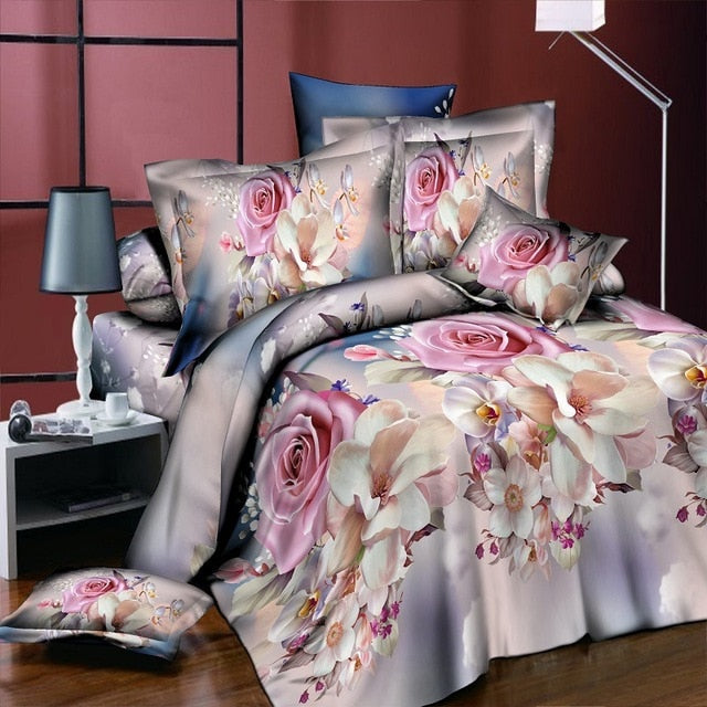 Home Textile Bedding Set 3D flowers Roses lilacs Pastoral style 4pcs Duvet Cover Sets Soft Polyester Bed Linen Flat Bed Sheet