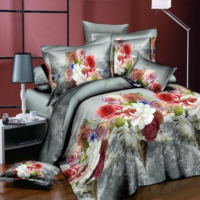 Home Textile Bedding Set 3D flowers Roses lilacs Pastoral style 4pcs Duvet Cover Sets Soft Polyester Bed Linen Flat Bed Sheet