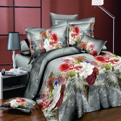 Home Textile Bedding Set 3D flowers Roses lilacs Pastoral style 4pcs Duvet Cover Sets Soft Polyester Bed Linen Flat Bed Sheet