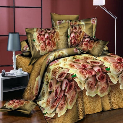 Home Textile Bedding Set 3D flowers Roses lilacs Pastoral style 4pcs Duvet Cover Sets Soft Polyester Bed Linen Flat Bed Sheet