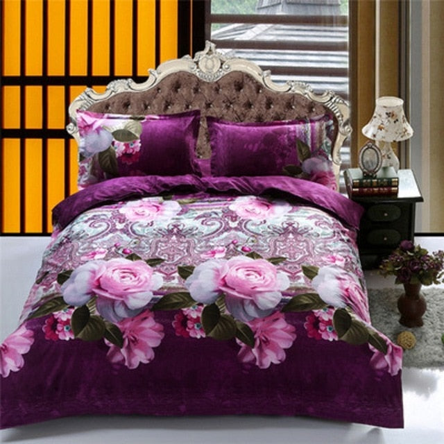 Home Textile Bedding Set 3D flowers Roses lilacs Pastoral style 4pcs Duvet Cover Sets Soft Polyester Bed Linen Flat Bed Sheet