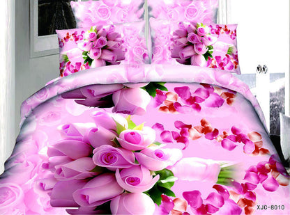 Home Textile Bedding Set 3D flowers Roses lilacs Pastoral style 4pcs Duvet Cover Sets Soft Polyester Bed Linen Flat Bed Sheet