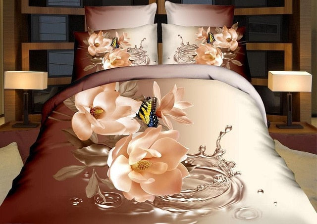 Home Textile Bedding Set 3D flowers Roses lilacs Pastoral style 4pcs Duvet Cover Sets Soft Polyester Bed Linen Flat Bed Sheet