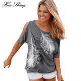 2016 Fashion Women Summer Off Shoulder Top Loose Plus Size Women Tops Feather Print
