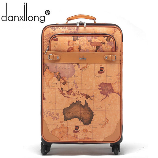 danxilong men retro PU map  luggage bag women Retro travel suitcase bags universal - Shopy Max