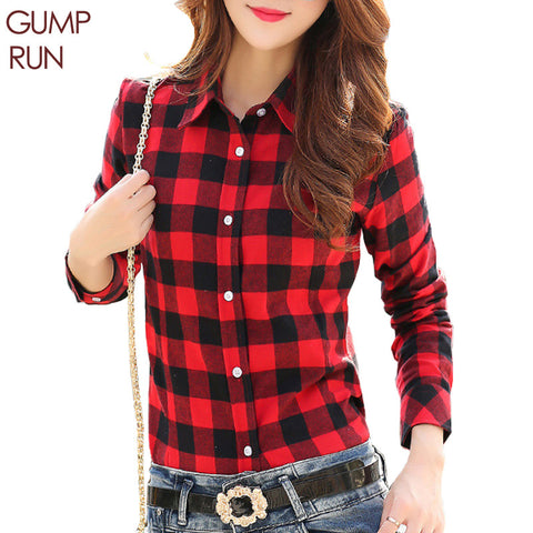 GUMPRUN Fashion Women Plaid Shirt Flannel Shirt Long Sleeve Women Blouses Shirt