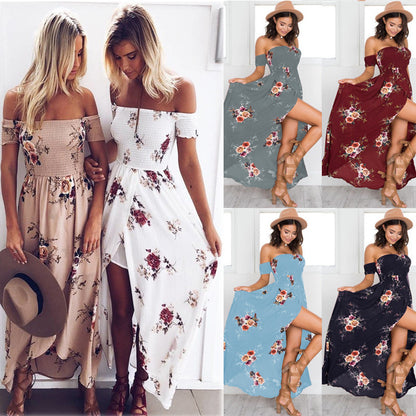 Lossky 2018 New Women Sexy Side Split Summer Dress Off Shoulder Vintage