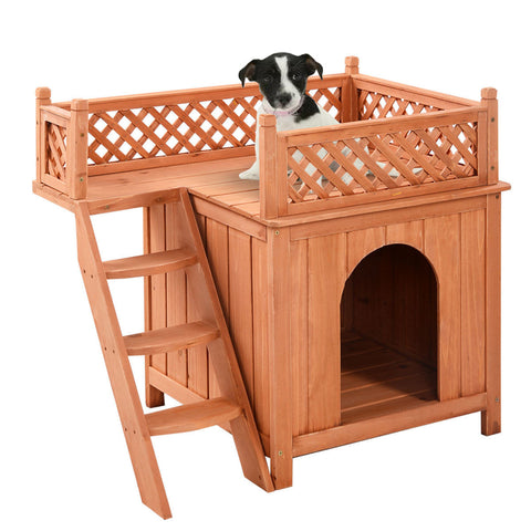 Costway Wooden Puppy Pet Dog House Wood Room In/outdoor Raised Roof Balcony Bed Shelter