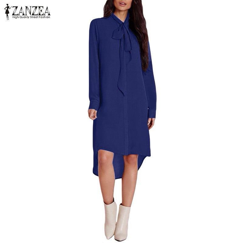 2016 ZANZEA Fashion Blusas Femininas Women Shirt Dress Bow Long Sleeve Casual