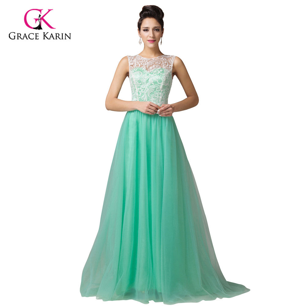 Green Yellow Lace Long Evening Dresses Grace Karin abendkleider 2016 Sleeveless - Shopy Max