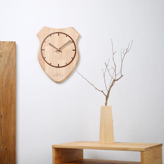 Solid Wood Mute Wall Clock Creative Small Size Wooden Shield Clock Wall Decor - Burlywood S