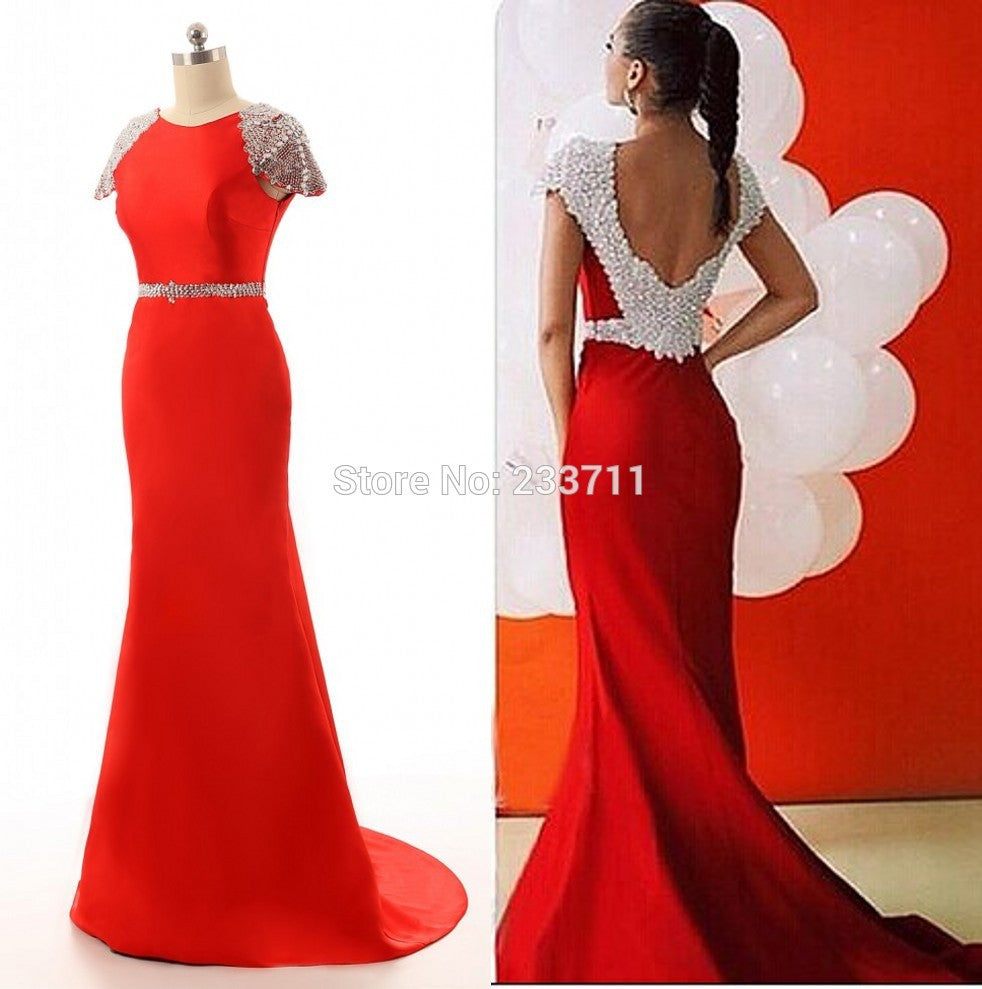 Charming Satin Beaded Red Mermaid Long Evening Dresses 2016 Robe