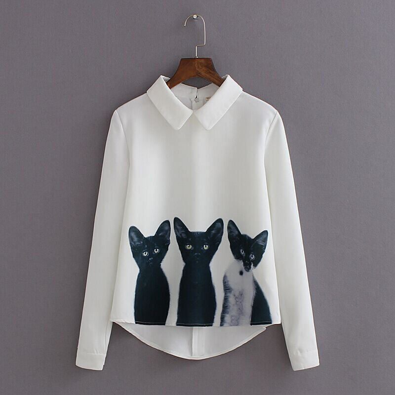 2016 New Fashion Cats Printed Pullover Shirts Long Sleeve Casual Women Korean White Blouse Hot T2