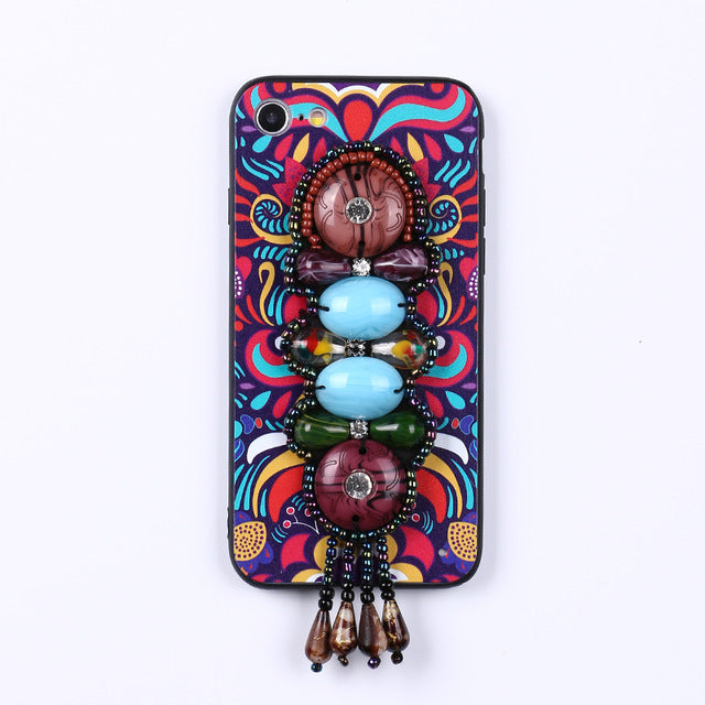National Style Rhinestone Fringe Hard Case for Iphone 7 6 6S Plus Bling PC Cell Phone
