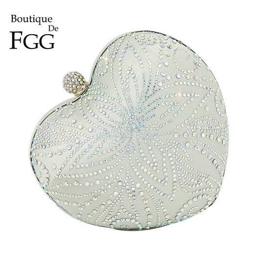 Boutique De FGG Silver Crystal Flower Women Heart Evening Clutch Bags Hardcase Metal Clutches Wedding Party