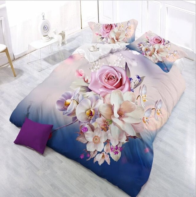 Home Textile Bedding Set 3D flowers Roses lilacs Pastoral style 4pcs Duvet Cover Sets Soft Polyester Bed Linen Flat Bed Sheet