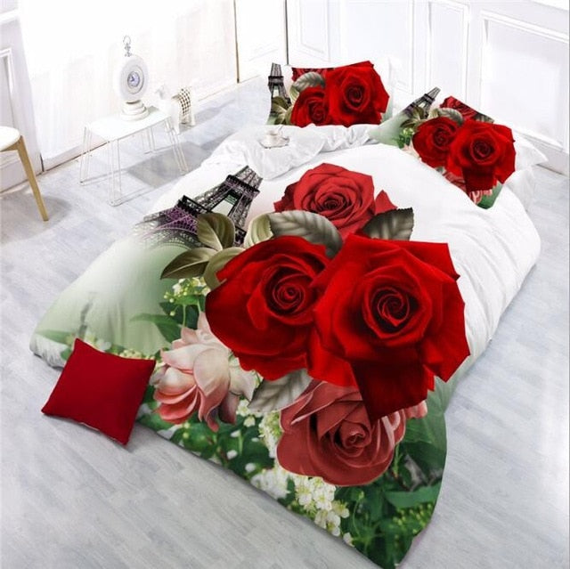 Home Textile Bedding Set 3D flowers Roses lilacs Pastoral style 4pcs Duvet Cover Sets Soft Polyester Bed Linen Flat Bed Sheet