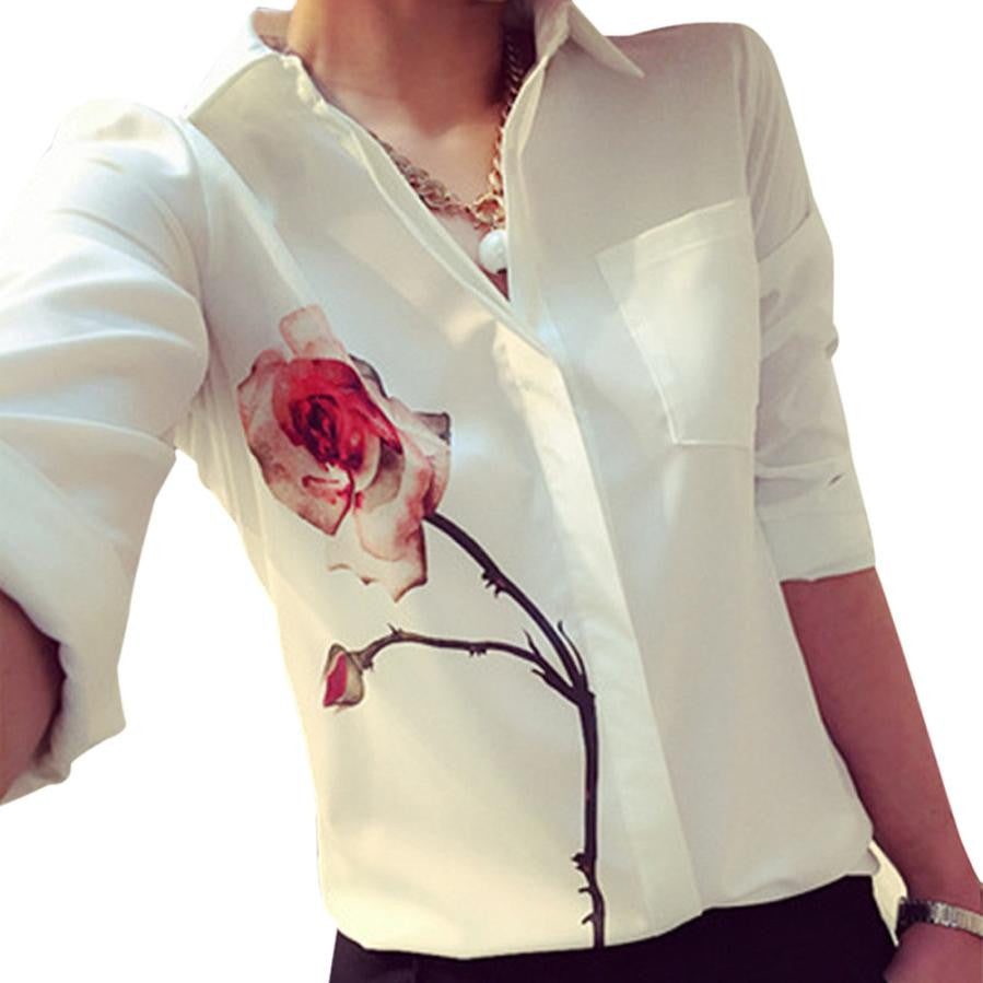 Elegant Lady OL Dress Shirts Women's Long Sleeve Flower Print Blouse Women Fashion