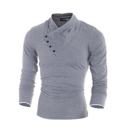 2016 New Autumn Mens 100% Cotton Oblique Button Collar T Shirt Fashion Men Long Sleeve