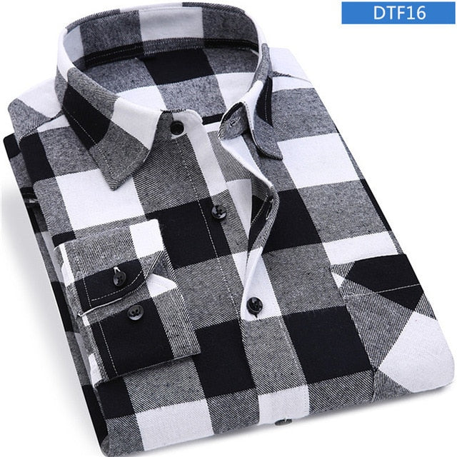 Men Flannel Plaid Shirt 100% Cotton 2019 Spring Autumn Casual Long Sleeve