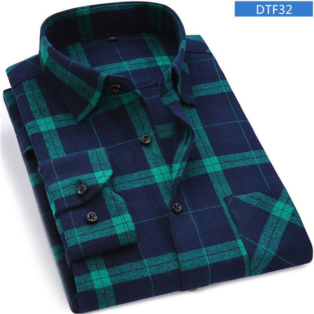 Men Flannel Plaid Shirt 100% Cotton 2019 Spring Autumn Casual Long Sleeve