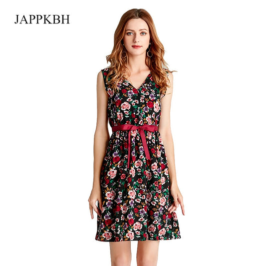 JAPPKBH Summer Autumn Women Dress New Elegant Sweet Print Floral Deep