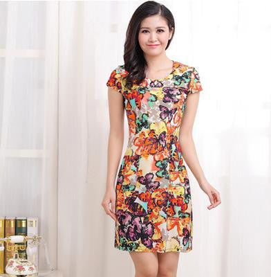Hot Sale 2016 new arrival women summer slim printed dress O-Neck short sleeve casual floral