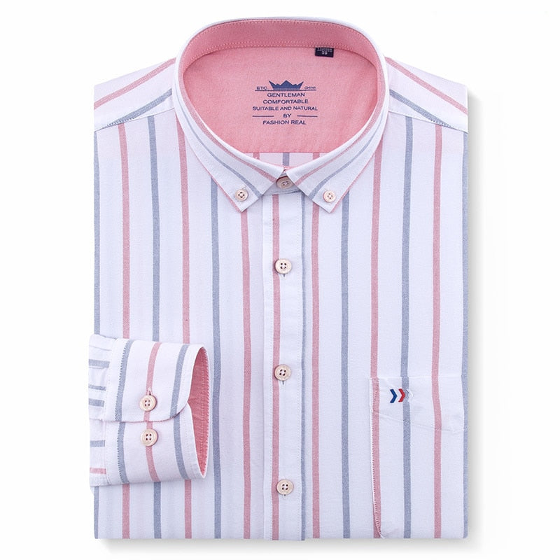 Men's 100% Cotton Multi Striped Oxford Dress Shirt with Left Chest Pocket Smart