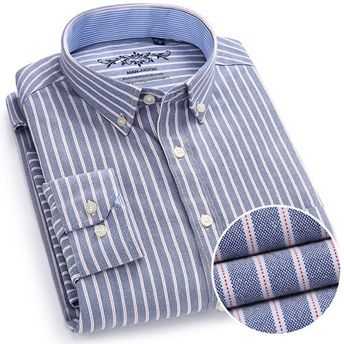 Men's Long Sleeve Plaid/Striped Oxford Dress Shirt Single Patch