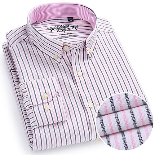 Men's Long Sleeve Plaid/Striped Oxford Dress Shirt Single Patch
