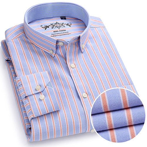 Men's Long Sleeve Plaid/Striped Oxford Dress Shirt Single Patch