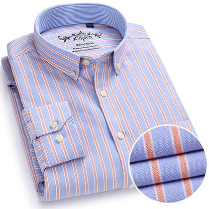 Men's Long Sleeve Plaid/Striped Oxford Dress Shirt Single Patch